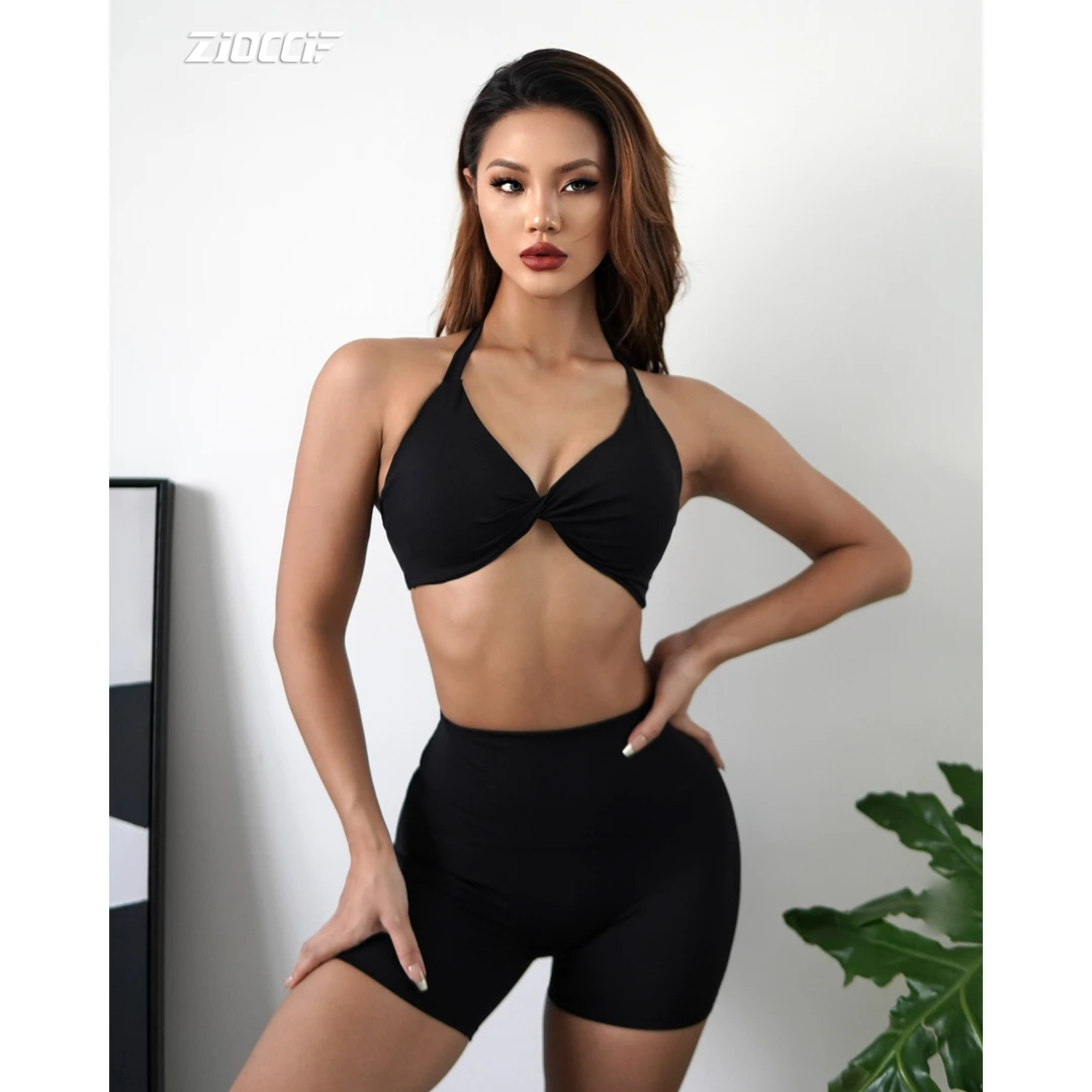 Zioccie 欧美深V挂脖肩带美背运动文胸背心裸感健身三分短裤套装