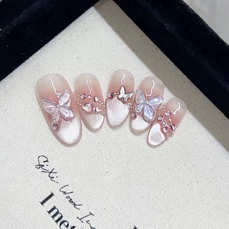 镜月蝶纯手工穿戴甲法式猫眼蝴蝶夏日穿戴式美甲贴果冻胶指甲贴片