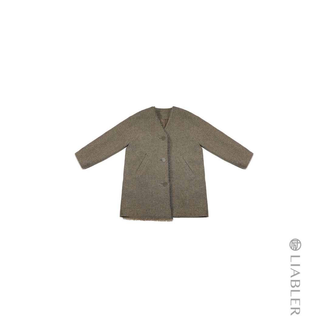 LIABLER/励【落雪青】 2024秋冬复古羊毛斜纹须边外套 LAW24385S