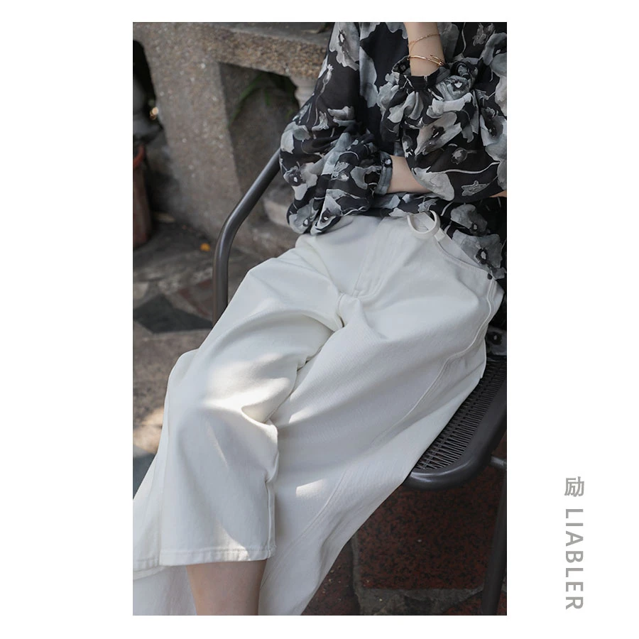 LIABLER/励 春季白色时尚舒适修身宽松显廋阔腿直筒休闲裤 6I7017