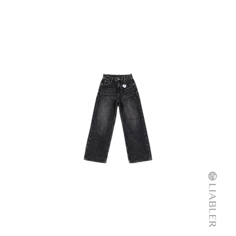 LIABLER/励【世墨】2024春夏黑色宽松阔腿牛仔裤 JY24013