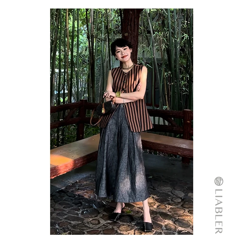 LIABLER/励【金古月】2024早春亚麻老钱风条纹中长款马甲 LSS24426S