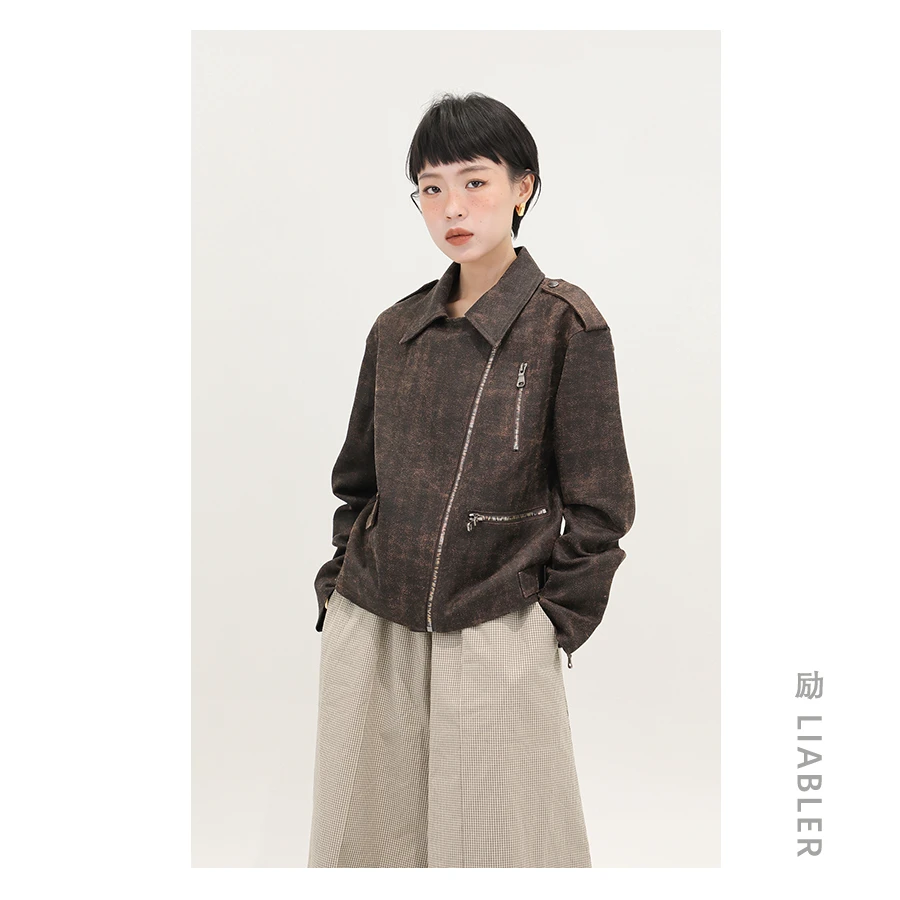 LIABLER/励 2025春夏做旧质感复古拉链装饰机车外套 7A8055