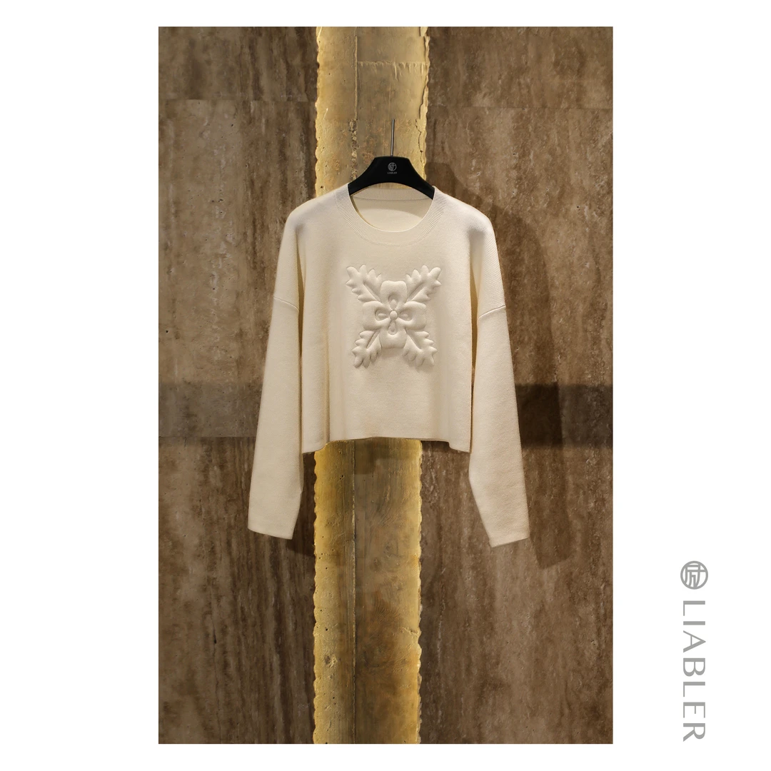 LIABLER/励【拾花一梦】2025早春古典图案长袖羊毛上衣 LAW24456J