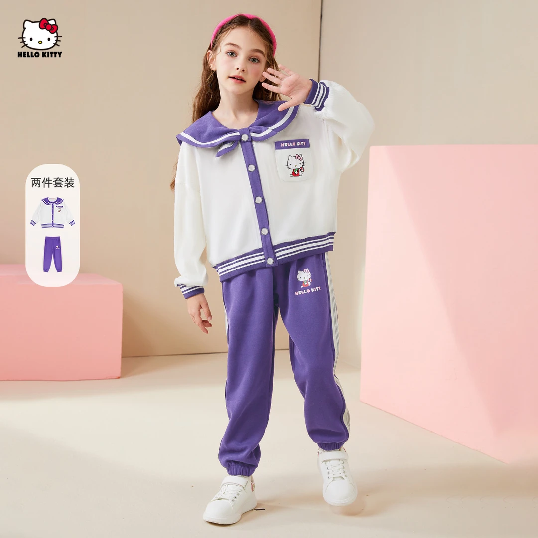HELLO KITTY/凯蒂猫童装女童套装秋款娃娃领卡通印花中大童学院风