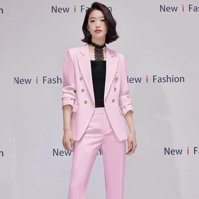 红色西服套装女微喇双排扣长袖修身职业套装气质春季休闲时尚套装