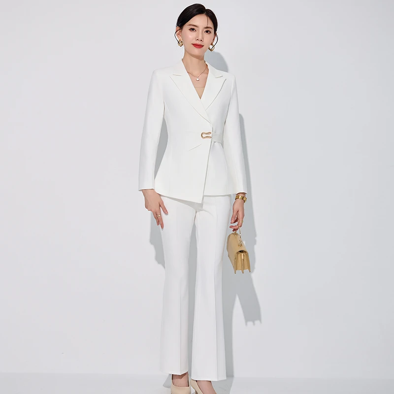 依职蕴洋气女神范修身时尚气质女士长袖腰带款微喇裤套装休闲韩版