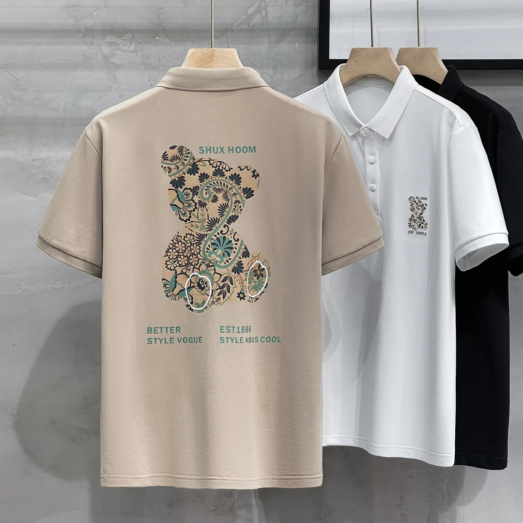 潮网红小熊字母印花翻领短袖T恤男士修身棉质半袖体恤新款POLO衫