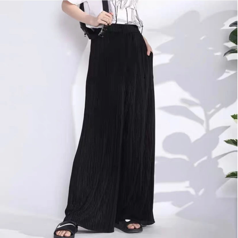 哥弟新款夏季高腰松紧宽松风琴垂感压褶显瘦时尚直筒裤1100218