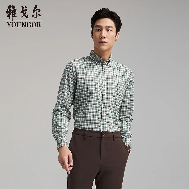 【绵羊毛】雅戈尔官方秋冬男士商务休闲通勤格纹长袖衬衫
