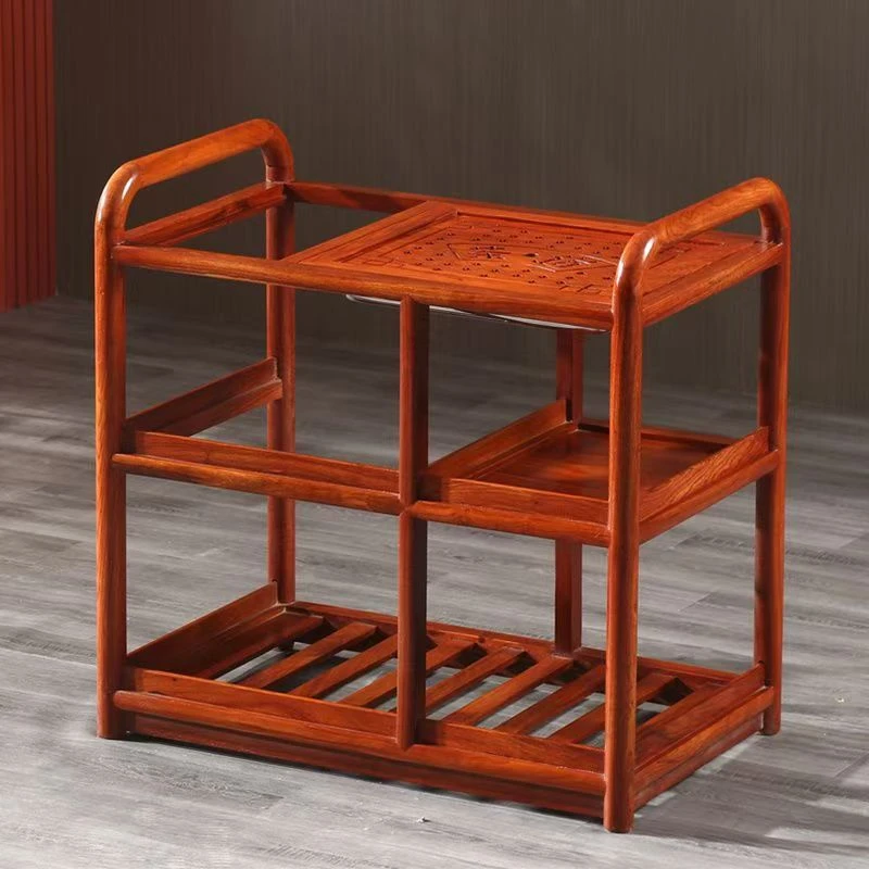 红木花梨木茶车带扶手中式茶几带轮方形实木可移动茶水架