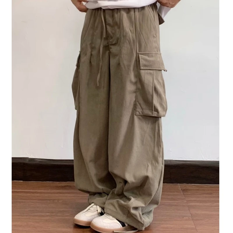 日系复古灯芯绒直筒抽绳裤休闲长裤男女多口袋垂感宽松百搭阔腿裤