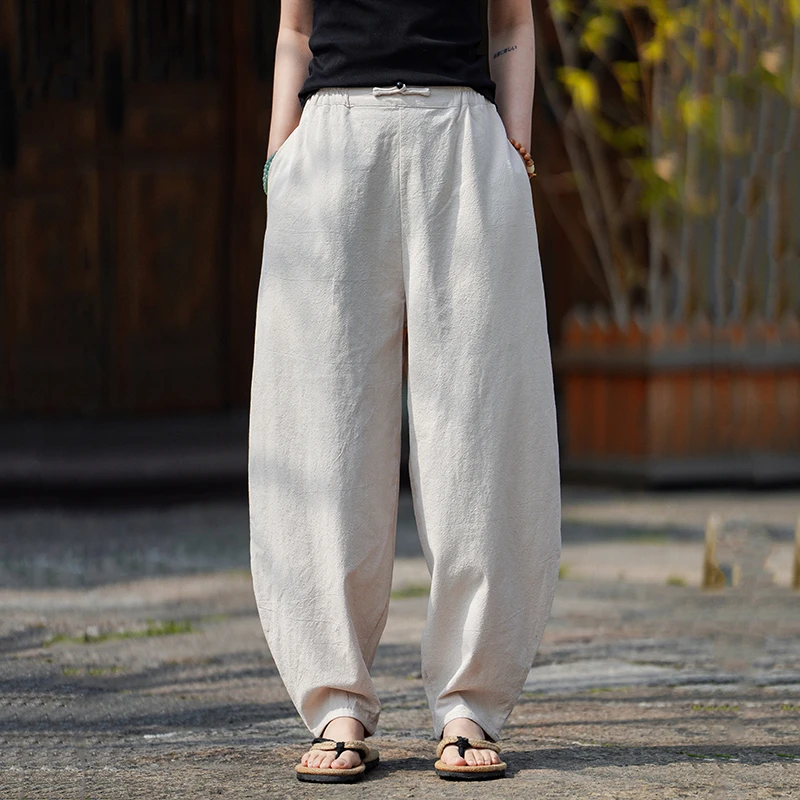 复古文艺风 亚麻裤男宽松哈伦裤 棉麻休闲裤 夏季 阔腿灯笼长裤子