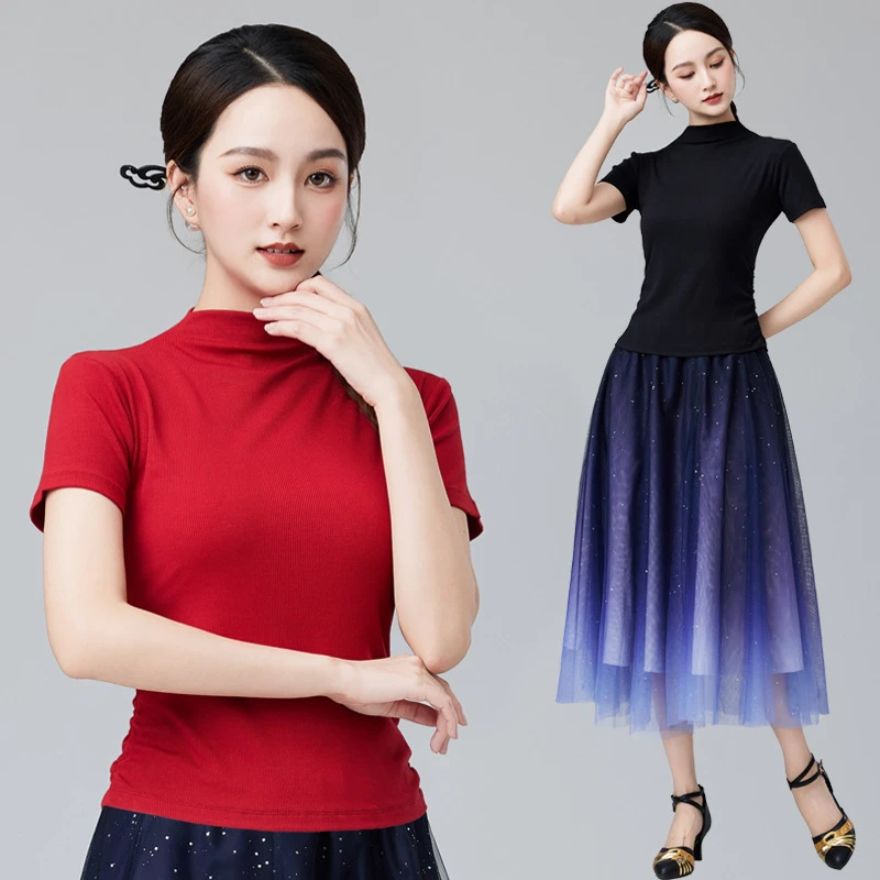跳舞上衣夏季新款慧慧广场舞短袖t恤女拉丁舞衣星空渐变网纱长裙