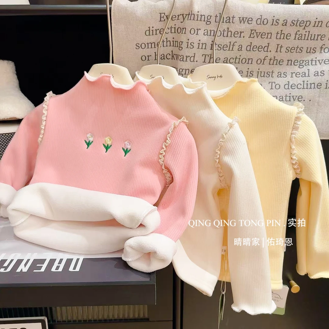 女童男童韩版百搭刺绣新款一体绒保暖宝宝女童加绒卫衣儿童秋冬款