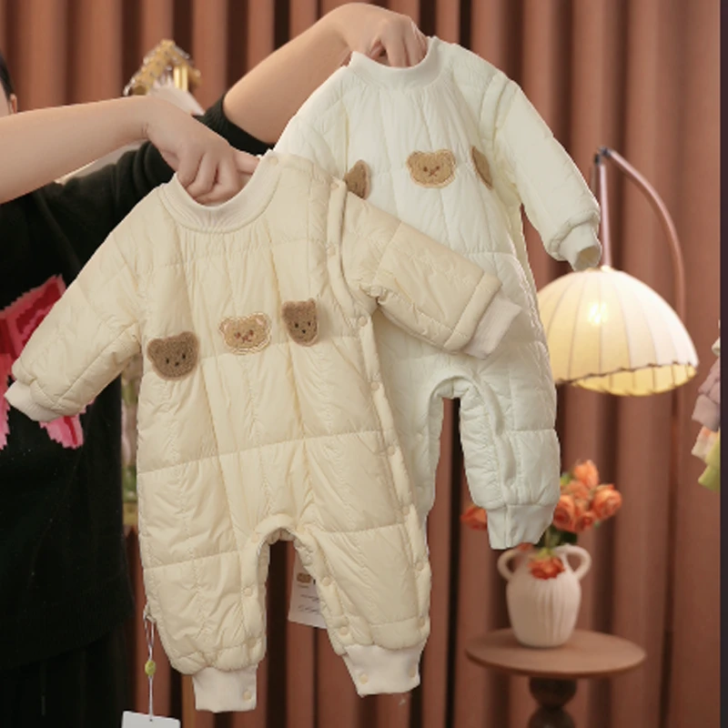 三只熊偏开婴幼儿连身衣宝宝保暖哈衣爬爬服通用