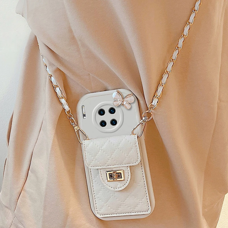 新款华为mate50pro手机壳女p40带链条nova10斜挎可背9se菱格卡包