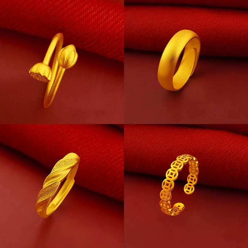 铜合金时尚戒指饰品百搭女士结婚精美金色久不掉色素圈可调节对戒