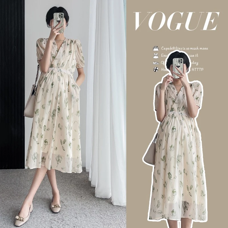 【欣欣】孕妇新款连衣裙法式茶歇雪纺碎花连衣裙灵动百褶孕妇裙