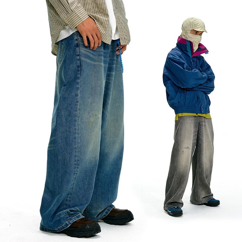 NOTHOMME山系户外复古水洗斜分割简约直筒牛仔裤宽松垂感休闲长裤