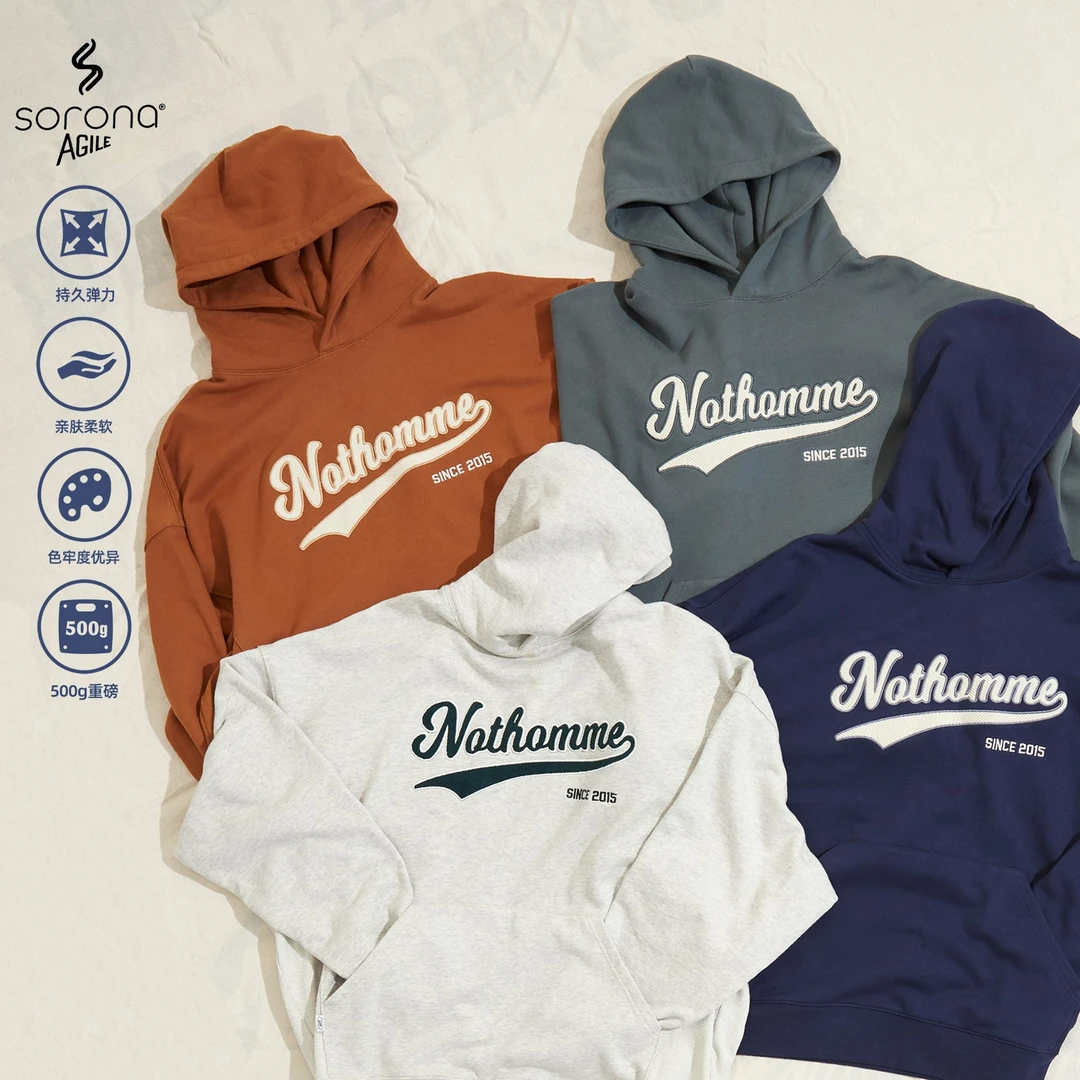 NOTHOMME索罗娜潮牌秋季重磅贴布刺绣logo套头宽松连帽卫衣男
