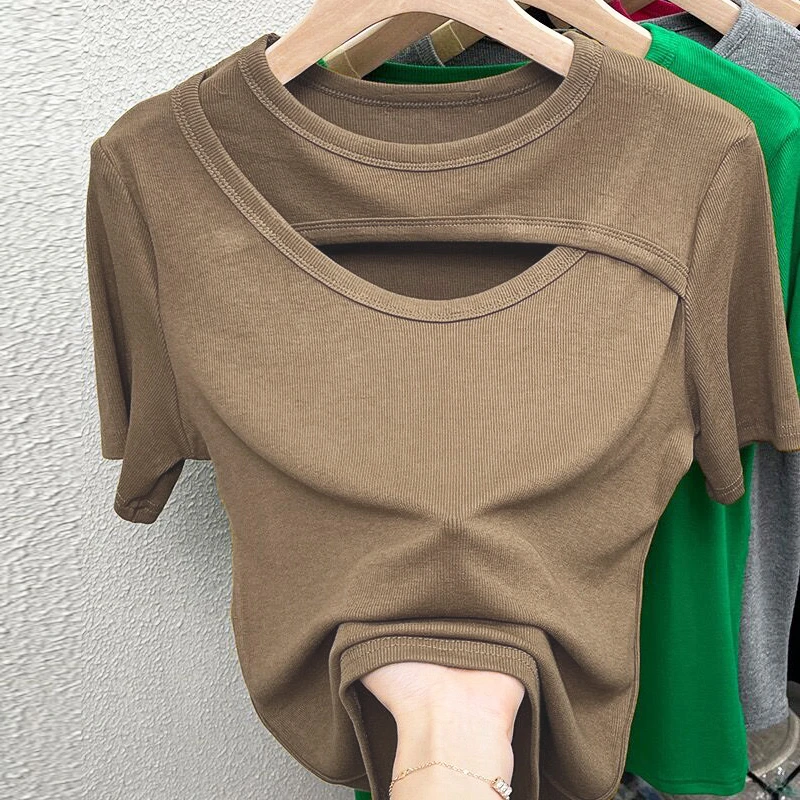 1899欧货夏季设计感圆领小众短袖t恤女纯欲风镂空修身上衣潮百搭