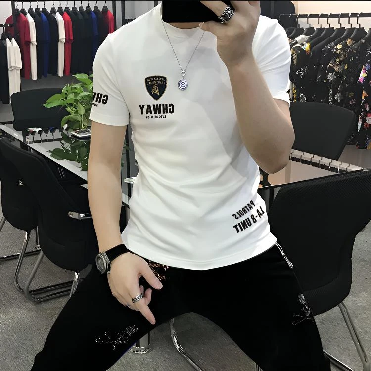 欧洲站2025夏季新款潮牌修身印花短袖T恤男圆领青年透气上衣男装