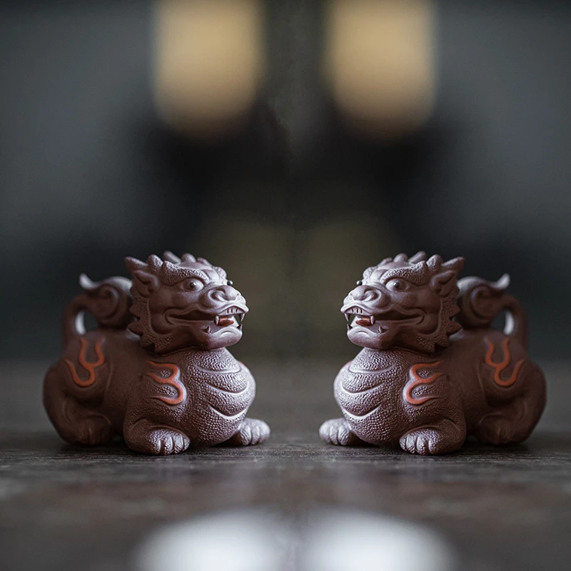 炼器中式小号瑞兽火麒麟招财摆件创意办公室茶桌配件茶盘手工饰品