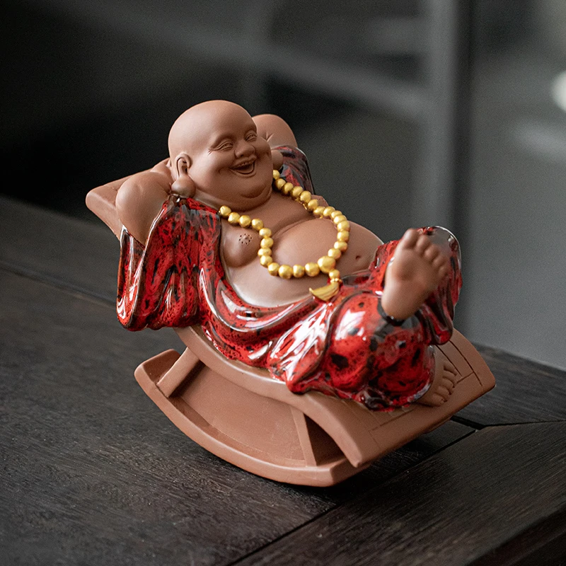 炼器新中式大肚弥勒摆件禅意陶瓷工艺品摆设客厅办公室桌面装饰品