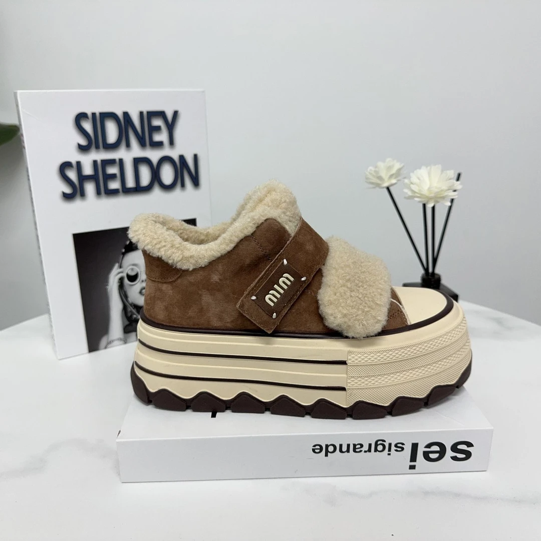 真皮毛毛鞋女魔术贴2024冬季新款厚底