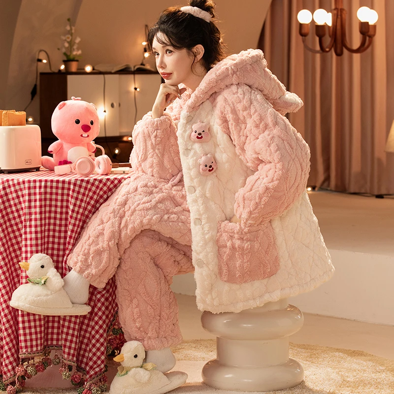 【一夏家】睡衣女士新款三层夹棉加绒加厚冬季保暖出门款家居服套装