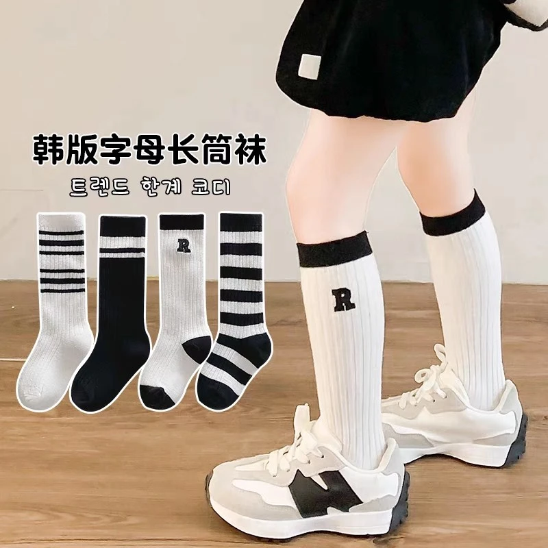 儿童袜子春秋季男女童中筒袜韩版ins黑白字母百搭学院风长筒袜潮