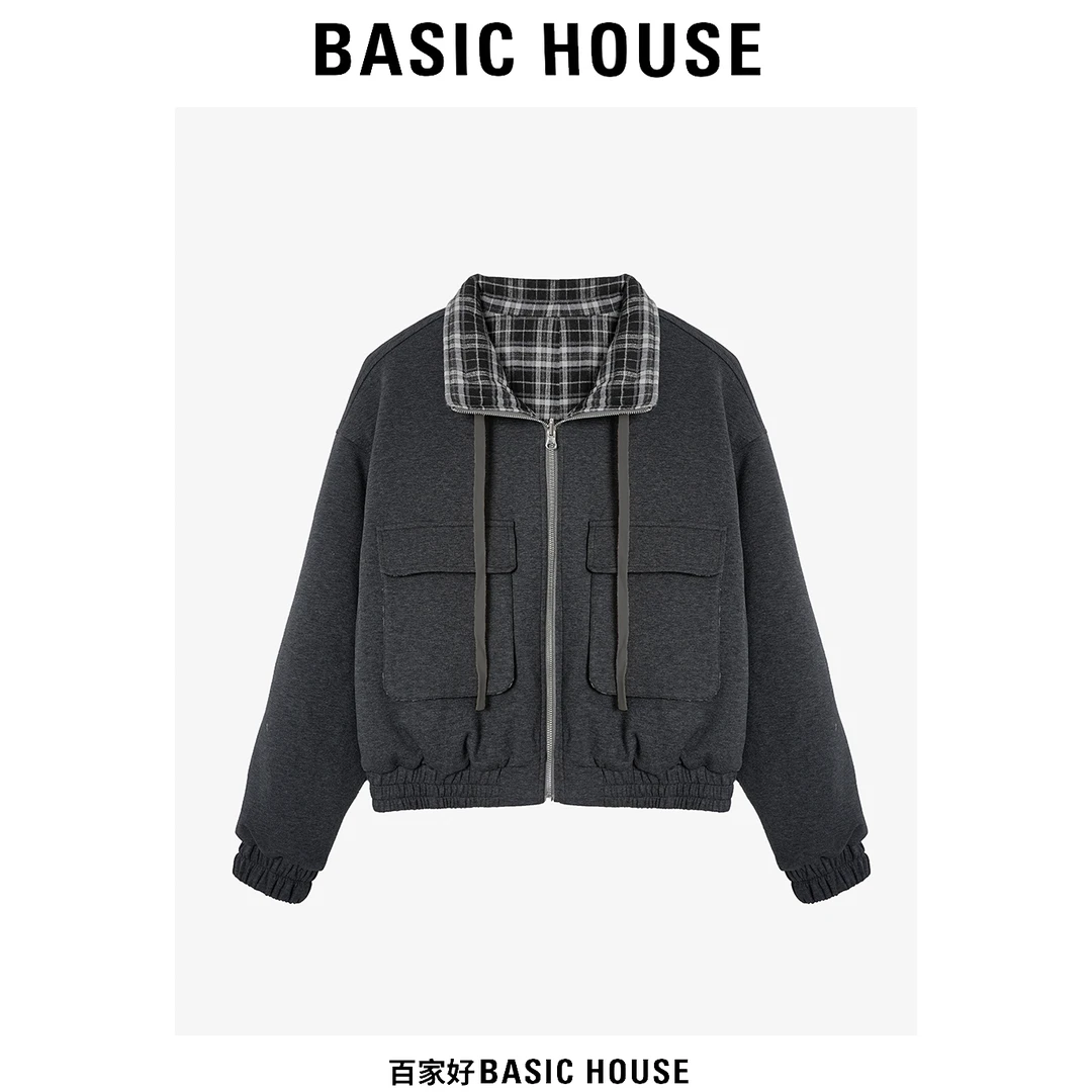 Basic House/百家好2024年冬季新款格纹时尚翻领拼接撞色棉服外套