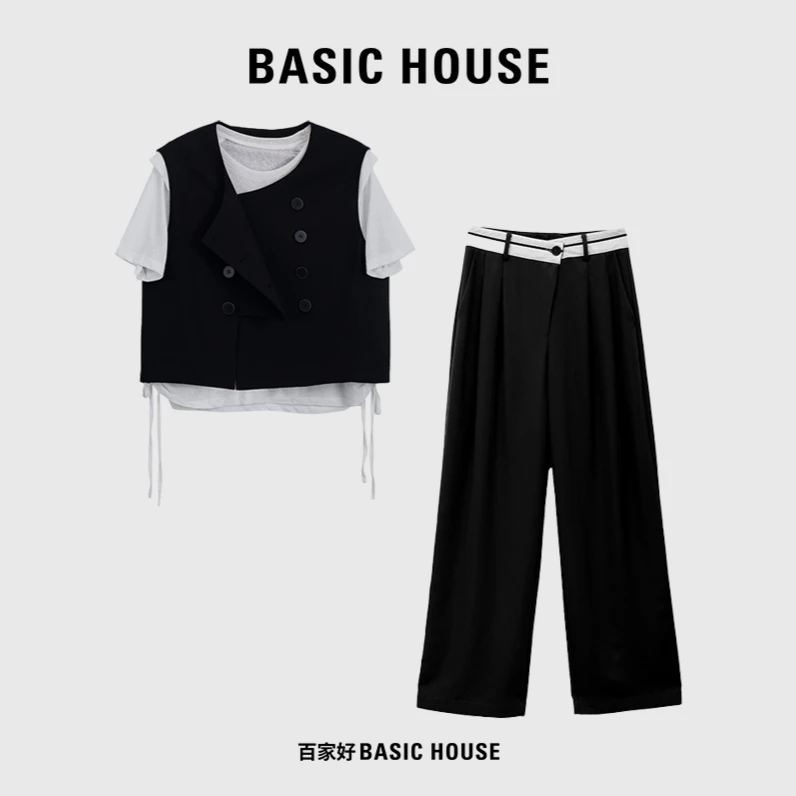Basic House/百家好 2024夏季新款双排扣休闲无袖马甲时尚套装