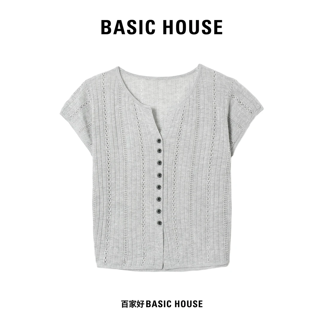 Basic House/百家好2025年夏季新款纯色单排扣镂空针织衫0142 MM