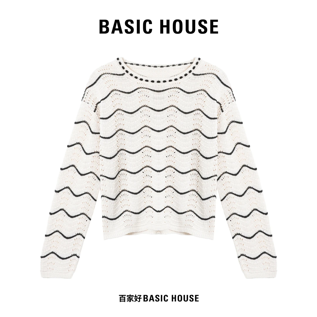 Basic House/百家好2024年秋季新款长袖条纹圆领宽松针织衫XX
