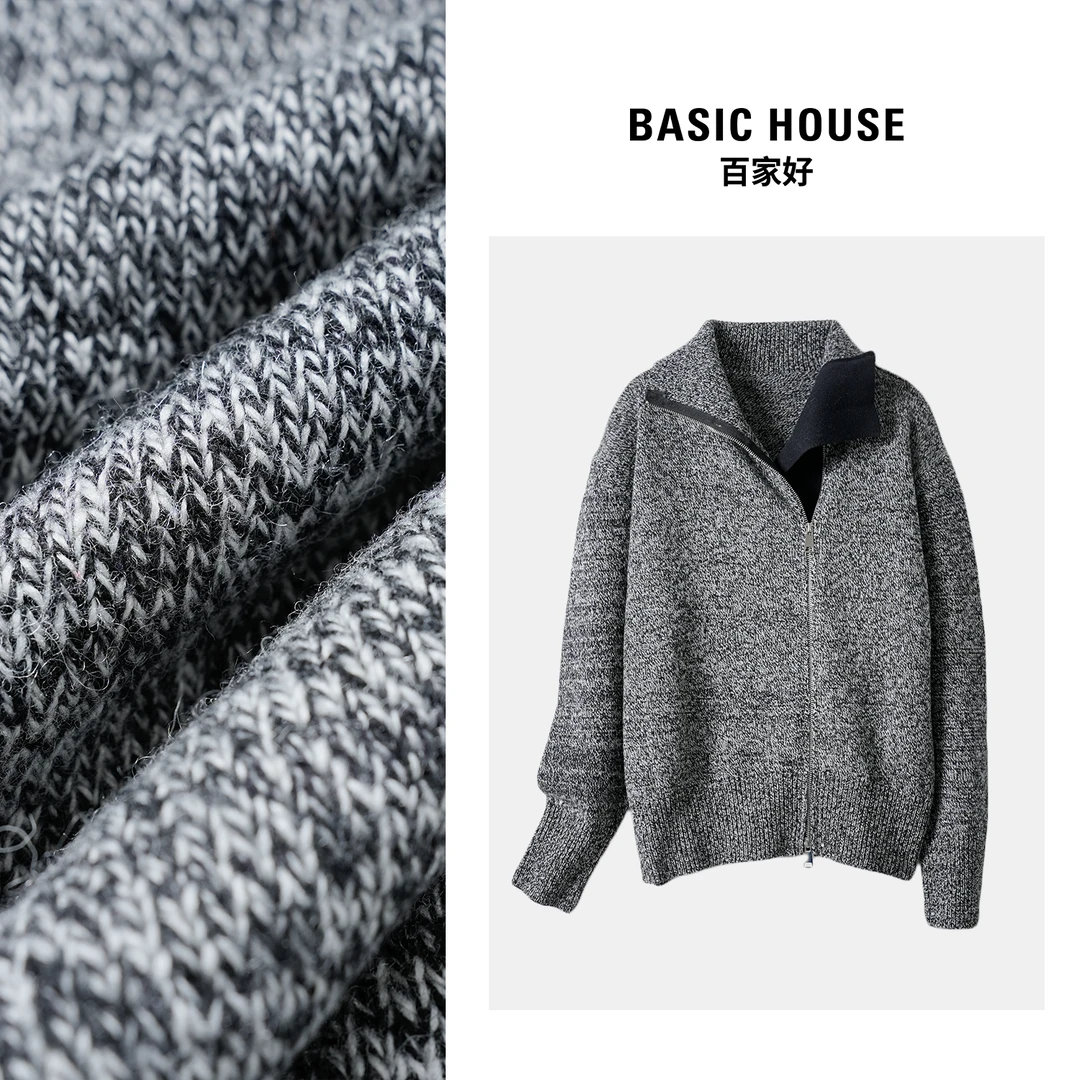 Basic House/百家好一衣三穿斜拉链拼接毛衣外套8712 XX