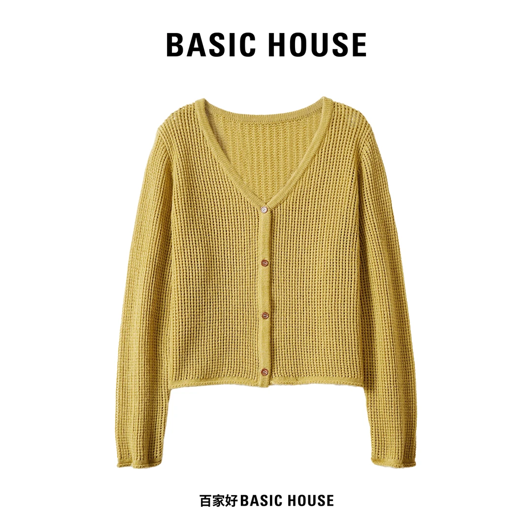 Basic House/百家好2025年新款V领气质时尚单排扣长袖针织衫7542