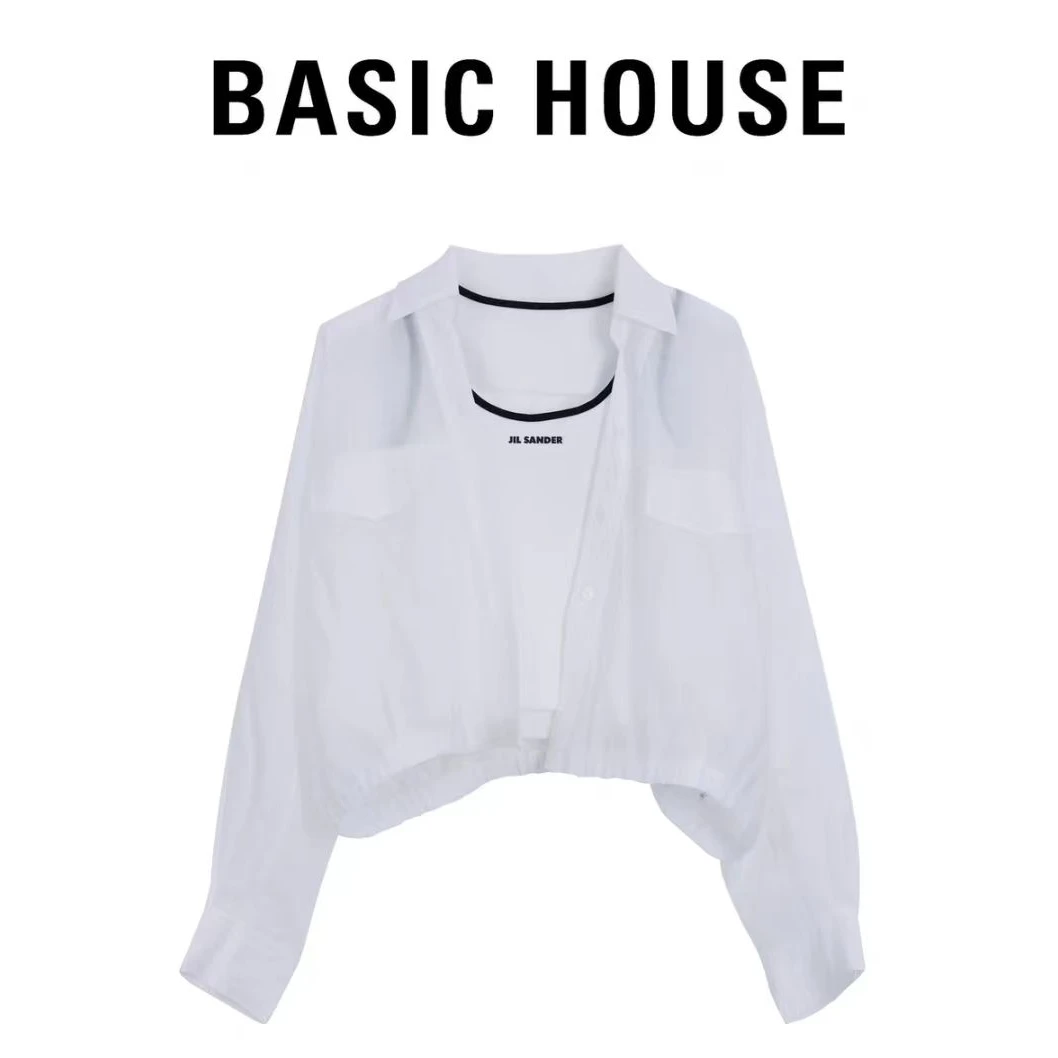 Basic House/百家好2024年夏季新款气质设计感显瘦斜扣短款衬衫