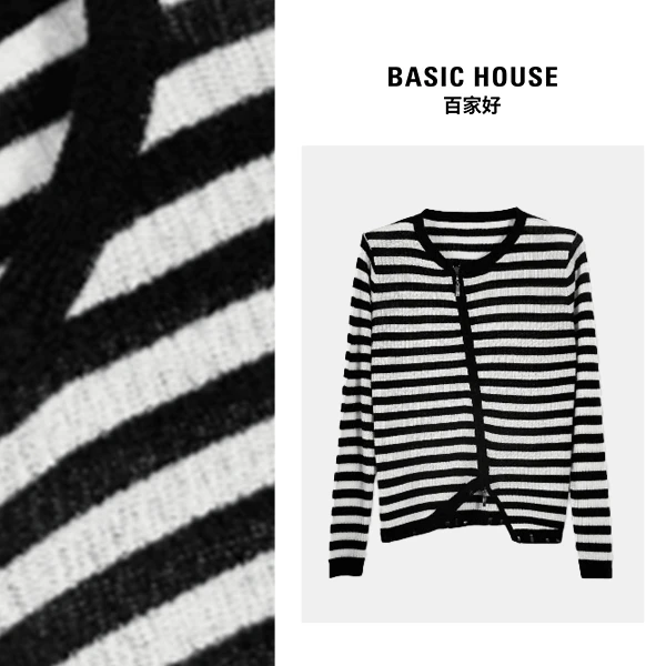 Basic House/百家好 2024年春季新款V领黑白条纹针织宽松撞色毛衣