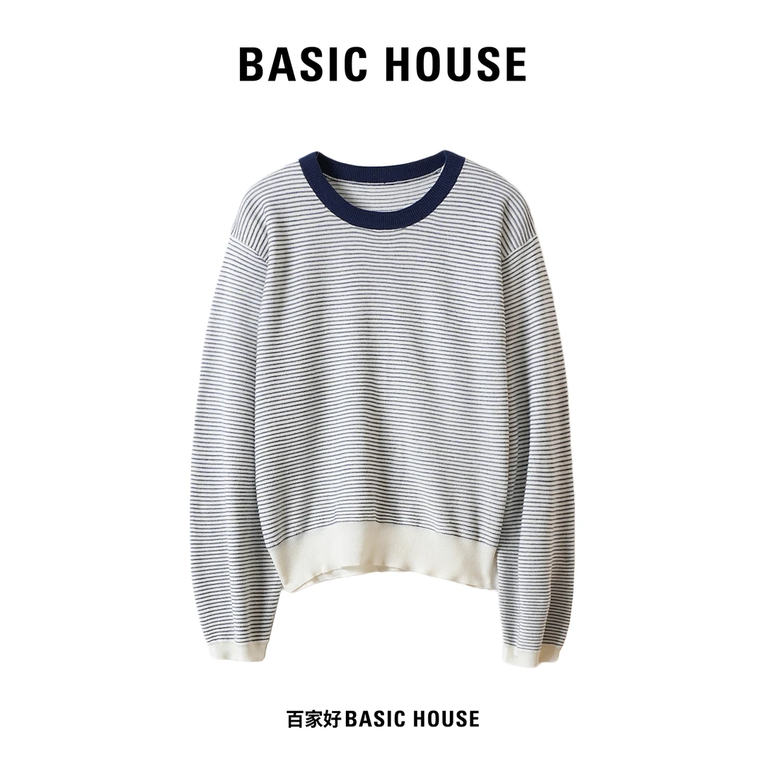 Basic House/百家好2024年秋季新款圆领撞色设计师款条纹针织衫XX