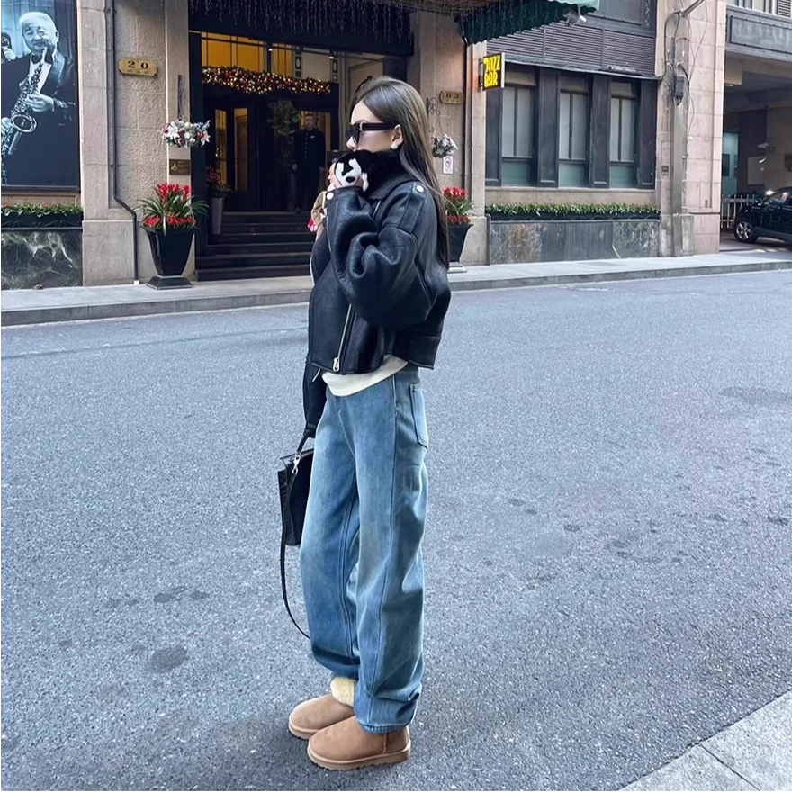 冬季显瘦窄版阔腿裤复古加绒加厚高腰直筒裤加长版休闲牛仔裤子女