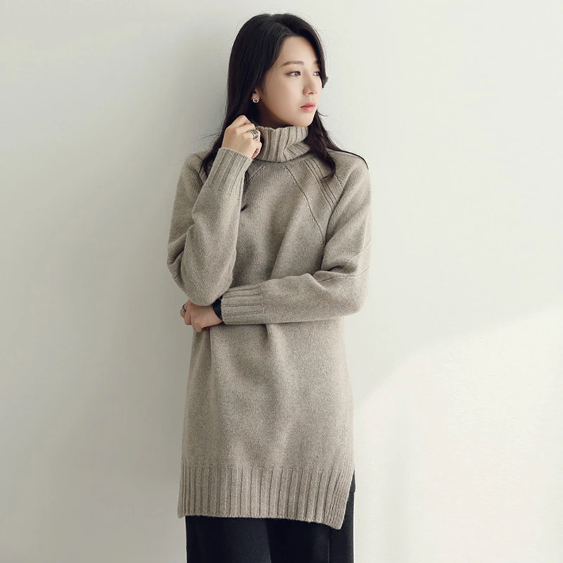 秋冬文艺套头针织衫气质保暖打底女高领韩版修身中长款毛衣女士