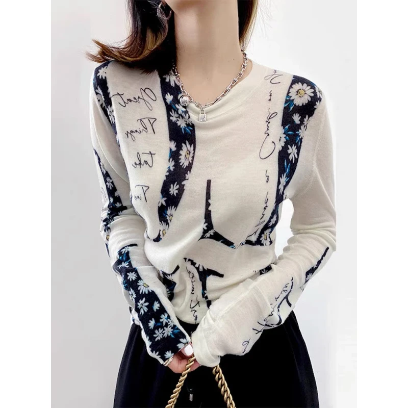 羊毛衫女印花百搭针织衫上衣宽松内搭打底衫显瘦洋气时尚圆领毛衣