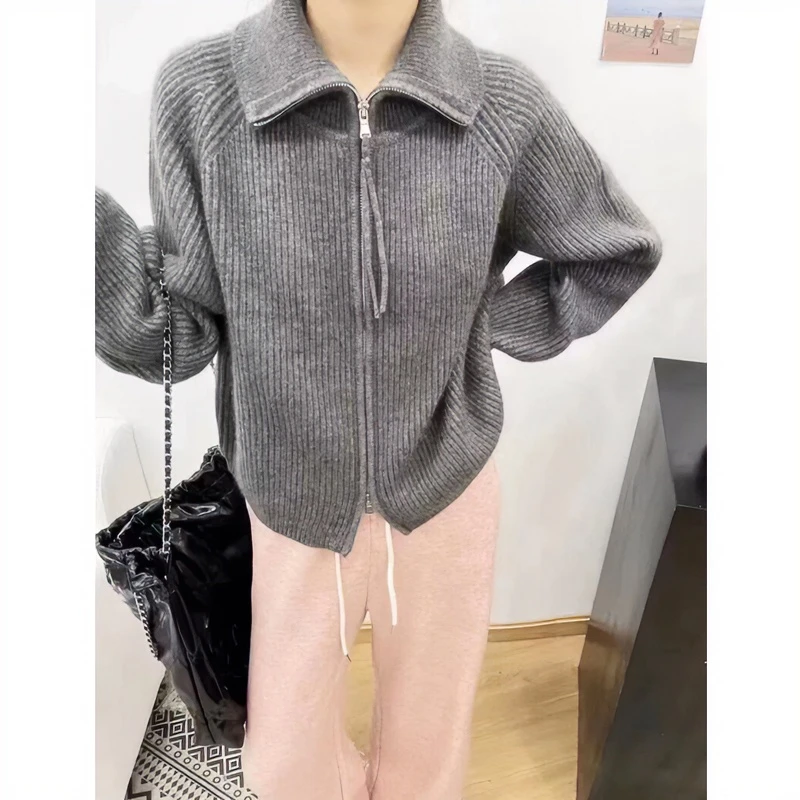 羊毛长袖针织衫网红休闲外套显瘦时尚慵懒风上衣百搭宽松翻领毛衣