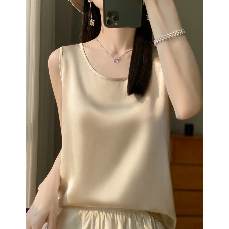 桑蚕丝吊带显瘦气质百搭薄款背心女宽松纯色无袖打底简约外穿上衣