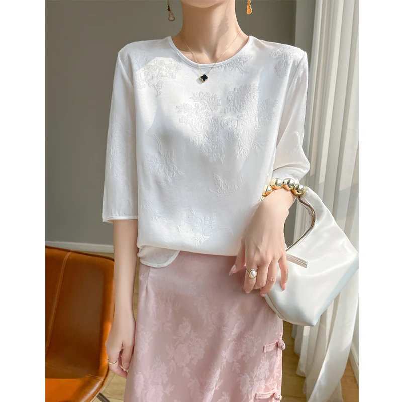 桑蚕丝短袖T恤女气质百搭宽松圆领夏季上衣中式提花时尚小众半袖