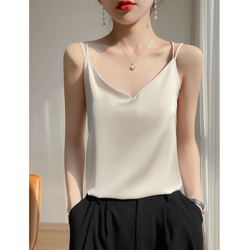 桑蚕丝吊带背心女夏季外穿气质打底百搭美背宽松法式显瘦纯色上衣