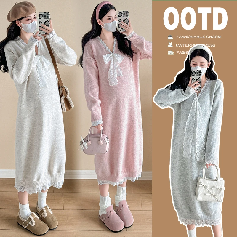 孕妇装秋冬新款蕾丝蝴蝶结拼接毛衣连衣裙长款外穿宽松针织时尚