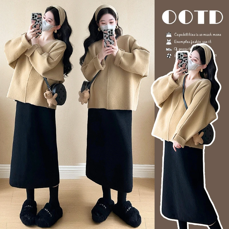 2025秋冬套装韩版时尚宽松V领毛呢加厚上衣+针织半身裙中长款冬季